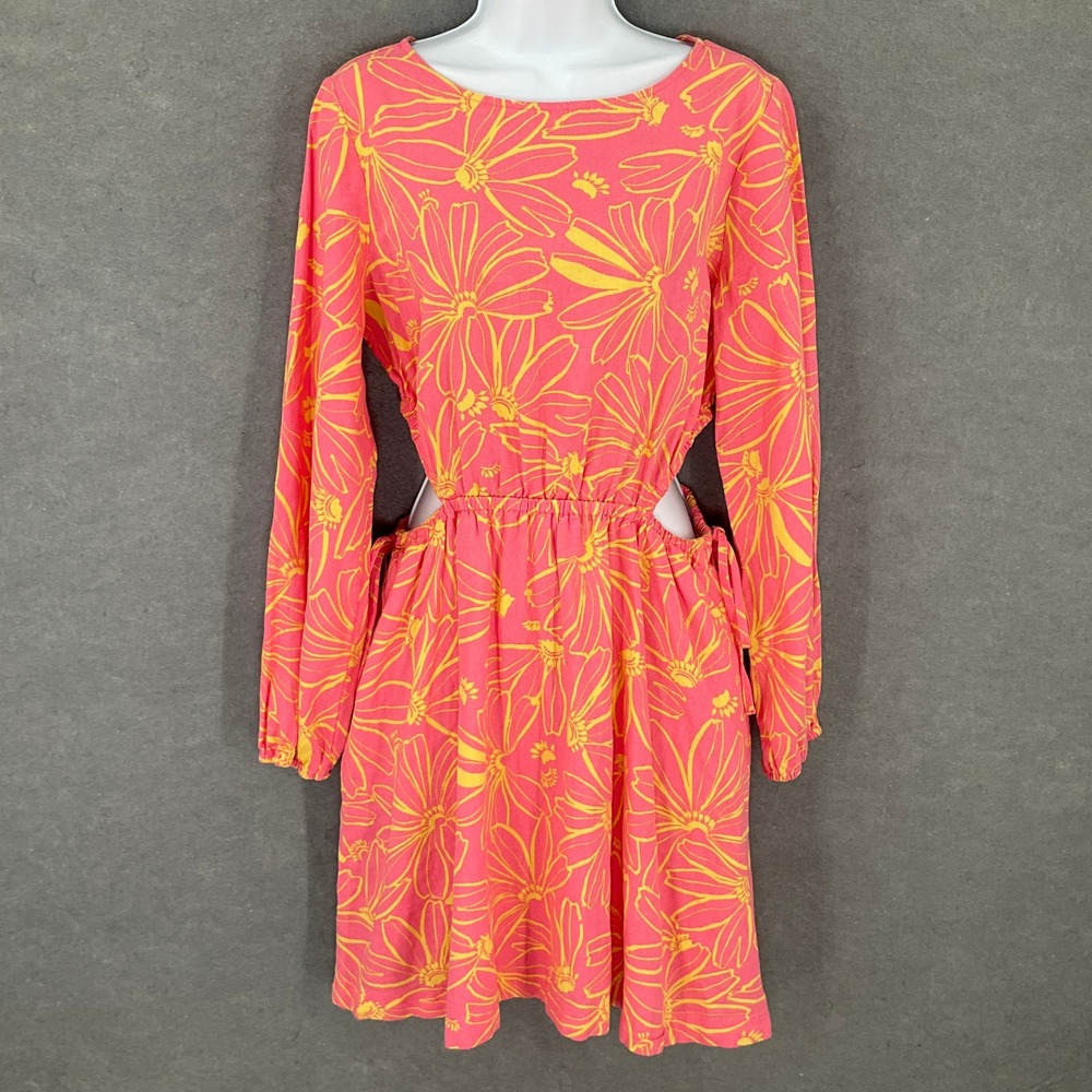 Universal Thread Dress‎ M Linen Pink Multi Floral Long Sleeve Cut Out Festival